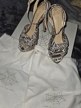 Charlotte Olympia Beige and Black Newspaper-Print Knotted Slingback Heels